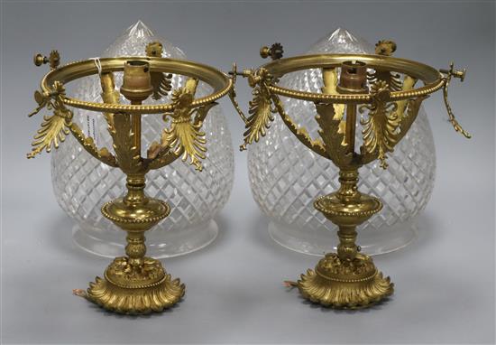A pair of ormolu mounted acorn shaped hobnail cut glass table lamps overall height 47cm